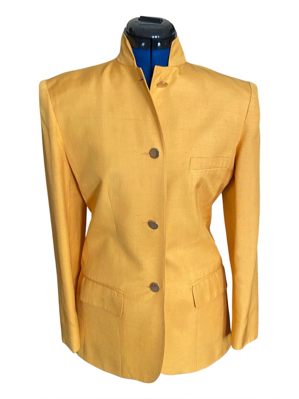 Anne Klein II Vibrant Yellow Vintage Silk Blazer Jacket with Mandarin Collar
